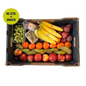 Frugtkasse Deluxe + snacks, blandet efter sson KL1, 40 stk.